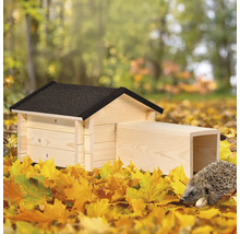 Igelhaus aus Holz mit Igel im Herbstlaub