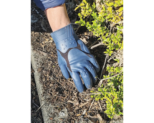 Gants de jardinage bleus sur terre de jardin