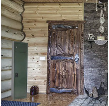 Intérieur rustique avec murs en bois, porte en bois et armoire métallique