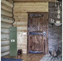 Vue intérieure avec mur en bois, porte et coffre-fort