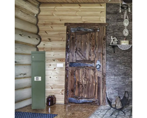 Vue intérieure avec mur en bois, porte et coffre-fort