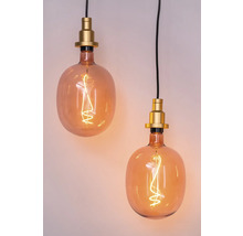 Deux suspensions avec verre ambré et douilles dorées.