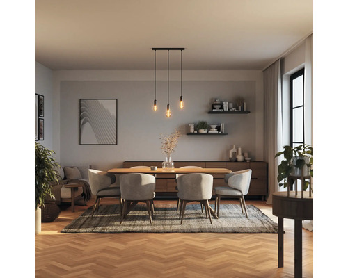 Salle à manger avec table, chaises, suspension et décoration dans une pièce lumineuse.
