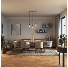 Esszimmer mit Esstisch, Stühlen, Hängelampe und Dekoration