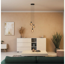 Wohnzimmer mit Pendelleuchte, Kommode, Dekoration und Zimmerpflanze