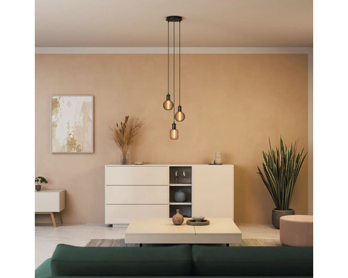 Wohnzimmer mit Pendelleuchte, Kommode, Dekoration und Zimmerpflanze