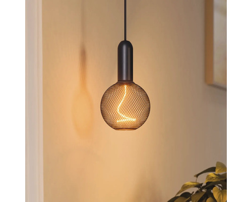 Hängelampe mit Drahtschirm und Glühbirne