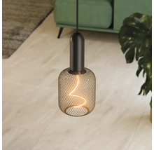 Pendelleuchte mit offenem, netzartigem Lampenschirm und gewundener Glühbirne