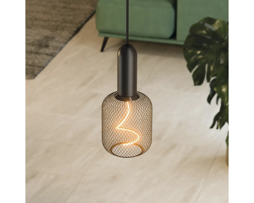 Pendelleuchte mit offenem, netzartigem Lampenschirm und gewundener Glühbirne
