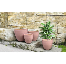 Blumentöpfe in verschiedenen Größen vor einer Steinmauer