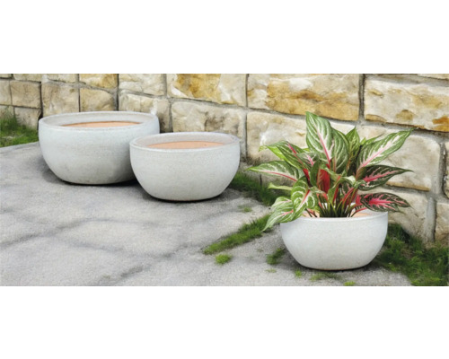 Drei runde Pflanzgefäße im Aussenbereich vor einer Steinmauer.