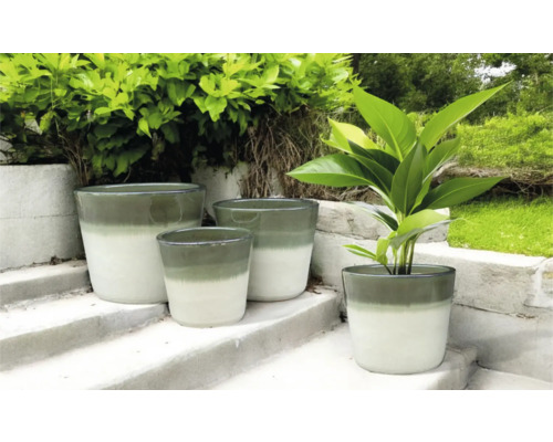 Pots de fleurs de différentes tailles sur un escalier à l'extérieur.