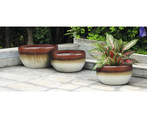 Drei Pflanzgefäße aus Keramik auf einer Steinterrasse, eines davon mit einer Zimmerpflanze.