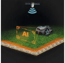 Robot tondeuse avec intelligence artificielle et connexion satellite sur une pelouse