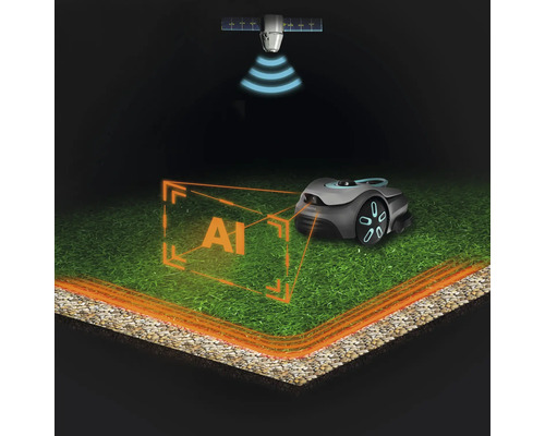 Robot tondeuse avec intelligence artificielle et connexion satellite sur une pelouse