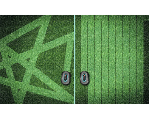 Pelouse avec robot tondeuse coupant des motifs géométriques et des rayures