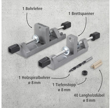 Jeu de chevilles Wolfcraft comprenant un gabarit de perçage, un tendeur de planches, un foret hélicoïdal à bois, une butée de profondeur et des chevilles à bois longues