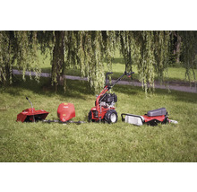 Motoculteur avec divers accessoires dans l'herbe