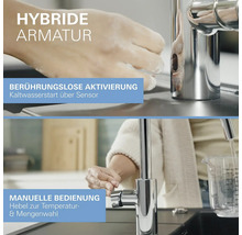 Hybridarmatur mit berührungsloser Aktivierung und manueller Bedienung am Hebel zur Temperatur- und Mengenwahl