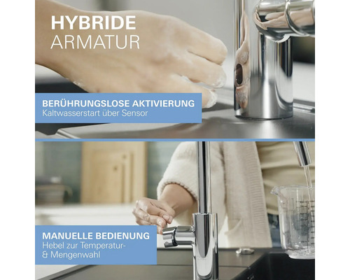 Hybridarmatur mit berührungsloser Aktivierung und manueller Bedienung am Hebel zur Temperatur- und Mengenwahl
