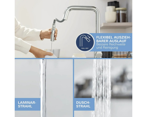 Küchenarmatur mit herausziehbarem Auslauf und zwei Strahlarten: Laminarstrahl und Brausestrahl