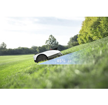 Robot tondeuse à gazon sur une pelouse avec une pente de 45 pour cent