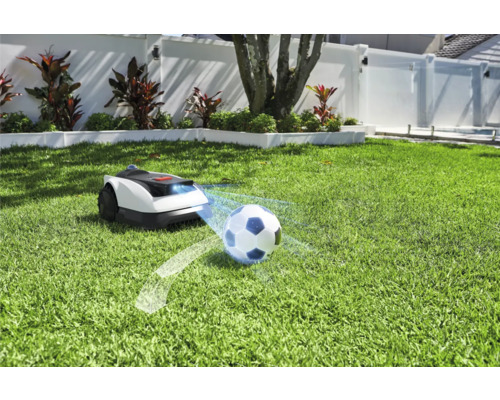 Robot tondeuse à gazon avec un ballon de foot