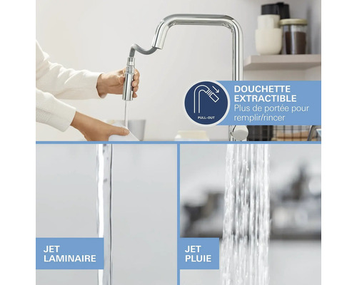 Robinet de cuisine avec douchette extractible et deux types de jet : jet laminaire et jet pluie.