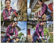 Collage: Eine Frau arbeitet mit einer Akku-Kettensäge an Ästen und Holz