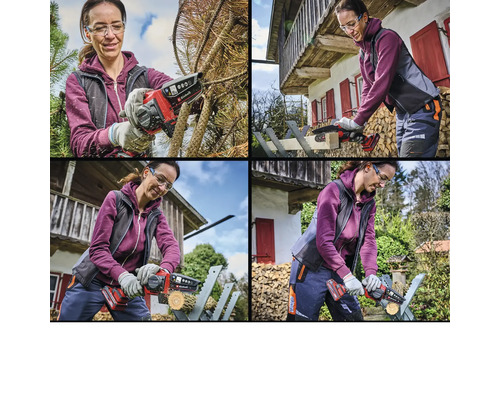 Collage: Eine Frau arbeitet mit einer Akku-Kettensäge an Ästen und Holz