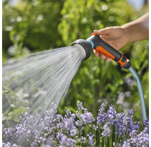Une main tient un tuyau d'arrosage avec pommeau de douche qui arrose des fleurs.