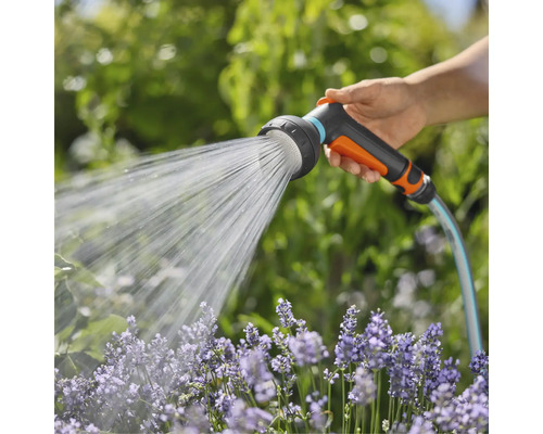 Une main tient un tuyau d'arrosage avec pommeau de douche qui arrose des fleurs.