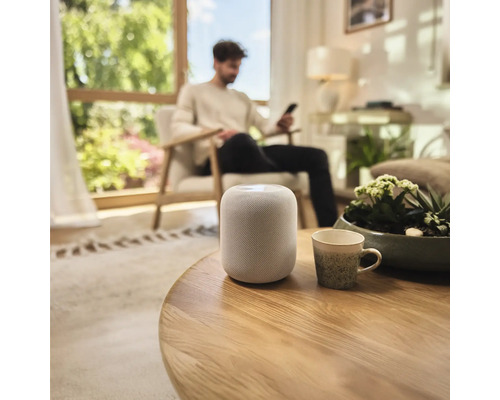 Aménagement d'un salon avec un haut-parleur intelligent sur une table.