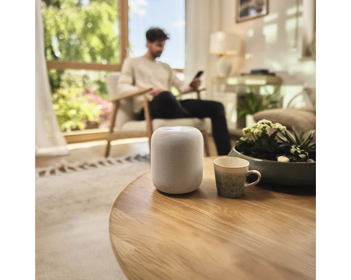 Lautsprecher auf einem Holztisch in einem hellen Wohnzimmer