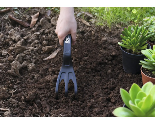 Jardinage avec une griffe de jardin dans la terre