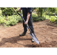 Homme tenant une bêche dans le jardin.