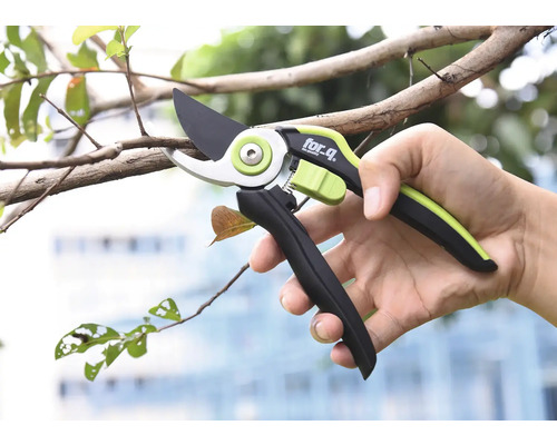 Une personne tient un sécateur de la marque for_q tout en coupant une branche.