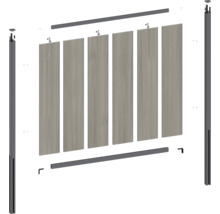 Schéma éclaté d'un élément de clôture avec poteaux, traverses et profilés de remplissage.