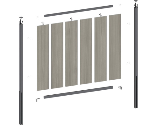 Schéma éclaté d'un élément de clôture avec poteaux, traverses et profilés de remplissage.