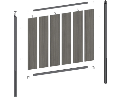 Pièces détachées d'un élément de clôture avec poteaux, traverses et lamelles