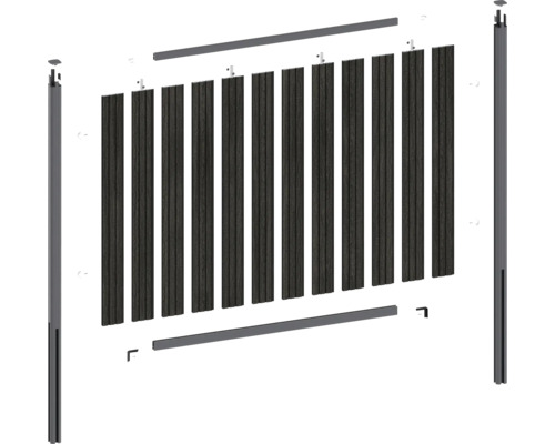 Schéma éclaté d'un élément de clôture avec poteaux de clôture et lamelles
