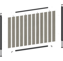 Schéma éclaté d'un système de clôture avec poteaux, lamelles et matériel de montage