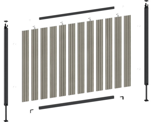 Schéma éclaté d'un système de clôture avec poteaux, lamelles et matériel de montage