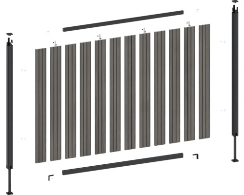 Schéma éclaté d'un brise-vue avec poteaux et lames