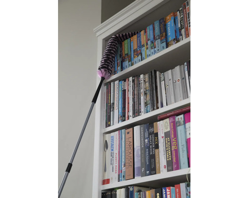 Un plumeau nettoie une bibliothèque avec des guides de voyage et des livres de cuisine