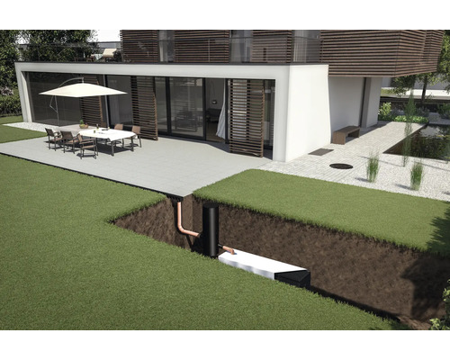 Représentation graphique d'une installation de récupération d'eau de pluie dans le jardin