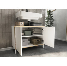 Meuble sous-vasque avec armoire ouverte et espace de rangement