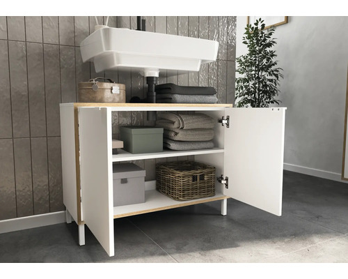 Meuble sous-vasque avec armoire ouverte et espace de rangement