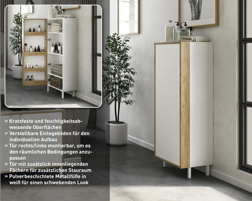 Weißer Badezimmerschrank mit Holzdetails und Metallfüßen
