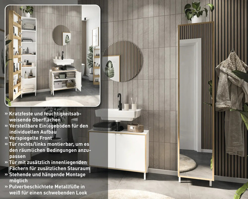 Salle de bains avec meuble sous-lavabo, armoire de toilette et miroir